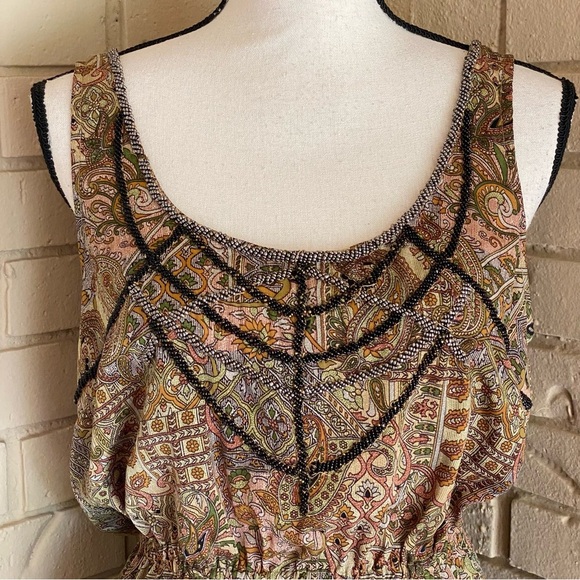 Ecote Urban Outfitters Size M Earth Tone Floral Beaded Sleeveless Mini Dress - Picture 2 of 5